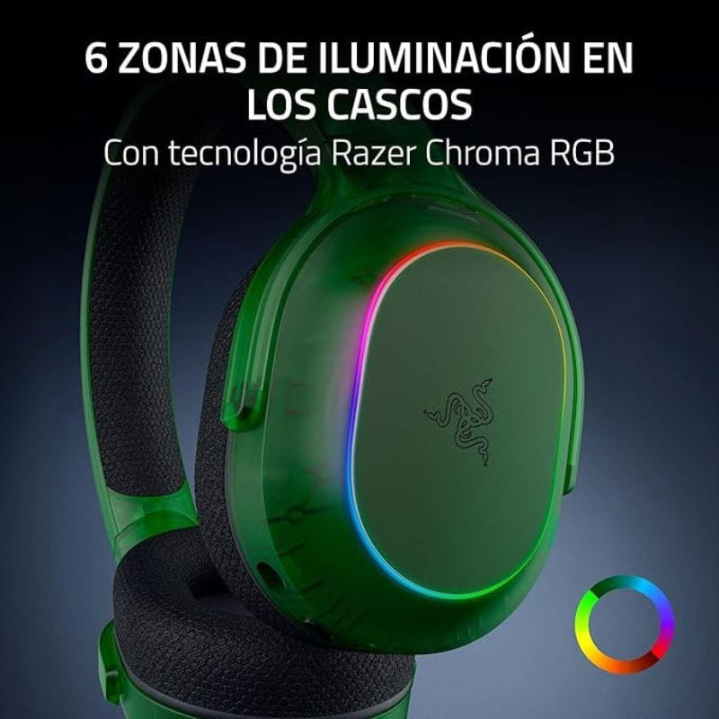 Razer Barracuda X RGB Chroma Phantom Green: auriculares verdes con iluminación RGB, diadema acolchada y diseño ergonómico de 285 g para uso prolongado.
