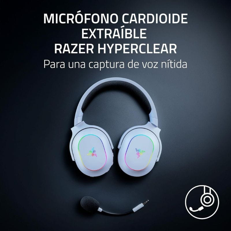 Auriculares Razer Barracuda X RGB Chroma blancos con micrófono desmontable, luz Chroma en copas y diadema acolchada. Batería hasta 70 h, carga USB-C.