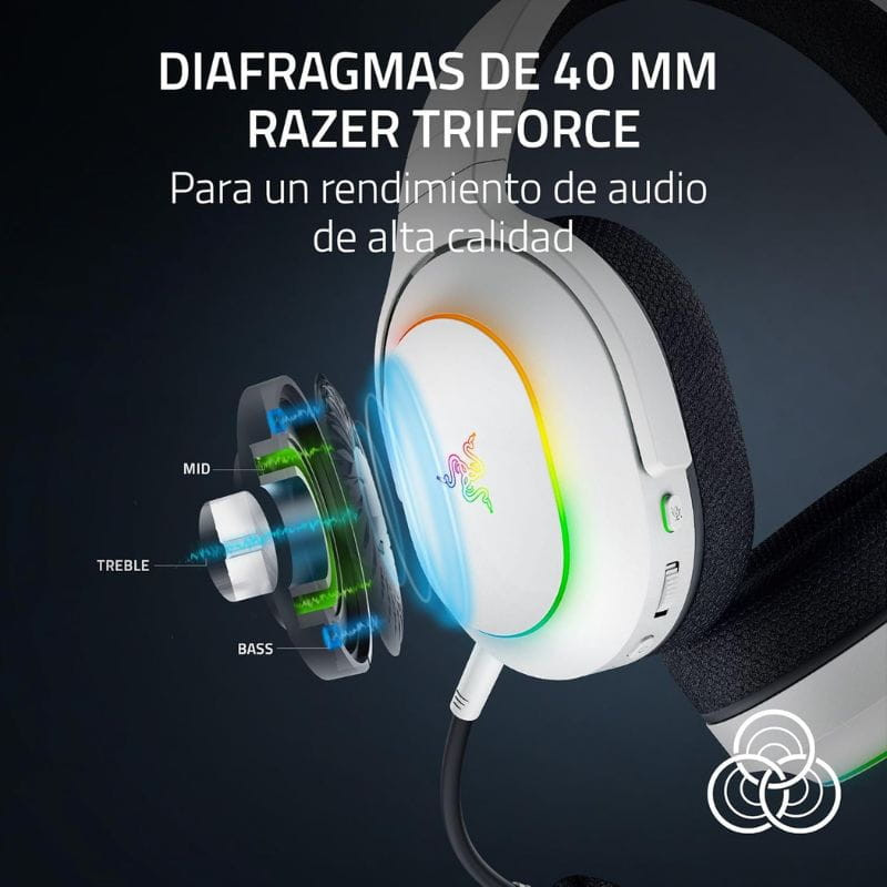 Auriculares Razer Barracuda X RGB Chroma blancos con copas ovaladas, iluminación multicolor y micrófono cardioide extraíble para voz nítida.