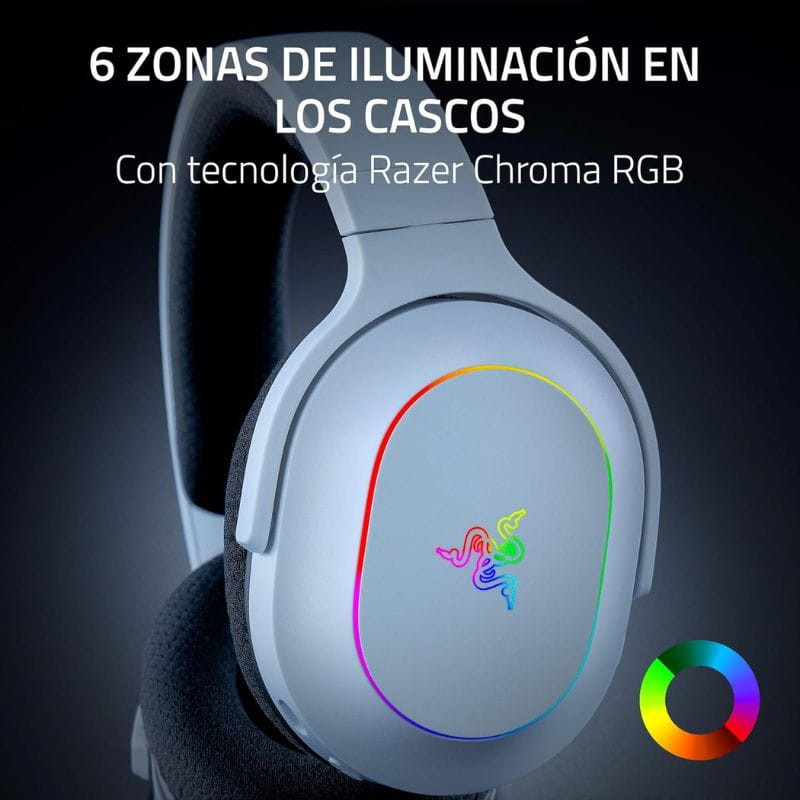 Auriculares Razer Barracuda X RGB Chroma blancos: diadema acolchada, copas ovaladas con aro LED multicolor, logotipo Razer iluminado y diseño ligero de 285 g.