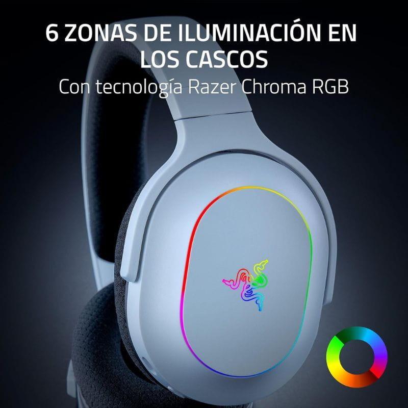 Auriculares Razer Barracuda X RGB Chroma blancos: diadema acolchada, copas ovaladas con aro LED multicolor, logotipo Razer iluminado y diseño ligero de 285 g.