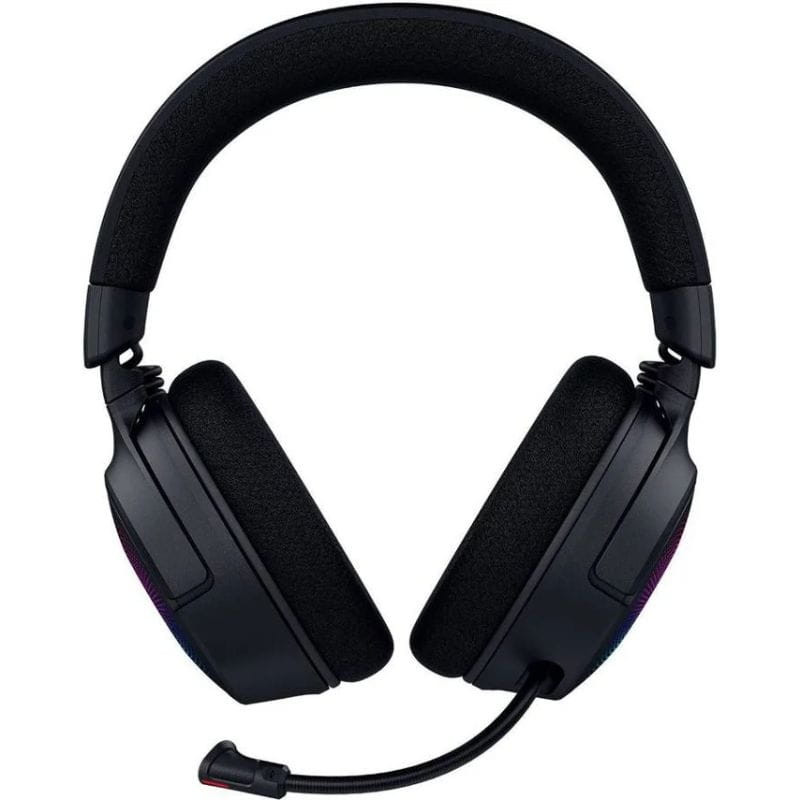RAZER Kraken V4 – Casque gaming noir avec oreillettes rondes, logo lumineux, deux câbles, adaptateur USB, carte d’authenticité et pochette noire.