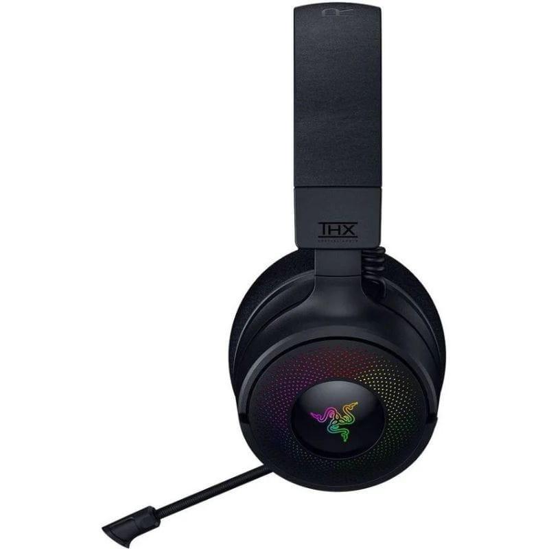 RAZER Kraken V4 – Casque gaming noir avec oreillettes rondes, éclairage RGB multicolore sur les coques, arceau rembourré et finitions métalliques
