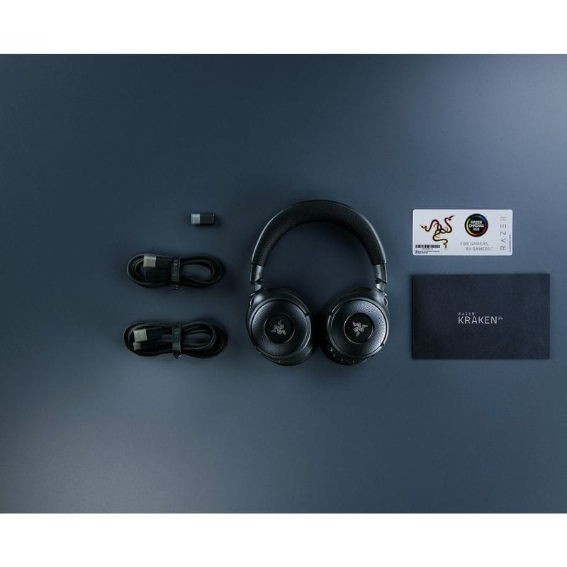 RAZER Kraken V4 – Casque gaming noir avec oreillettes rondes RGB, logo Razer central, arceau rembourré, design circum-aural moderne et lumineux.