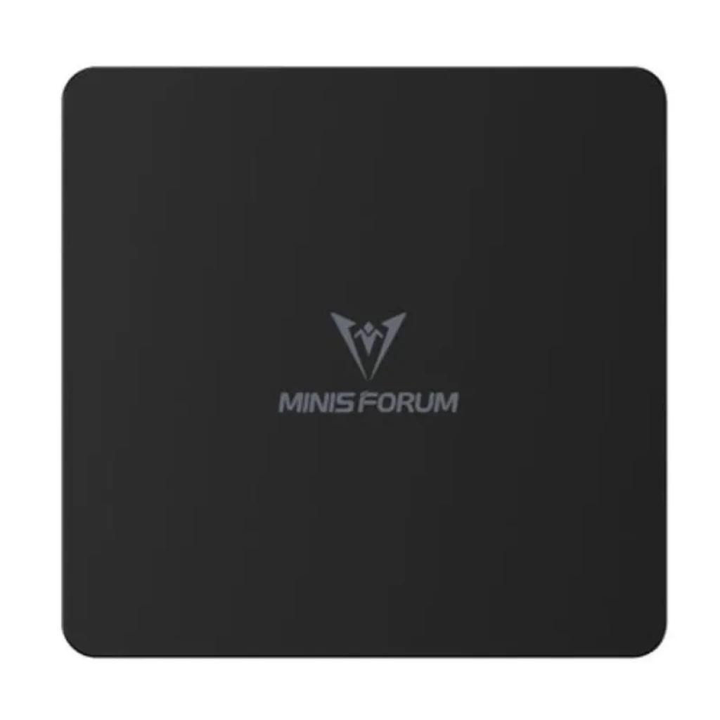 Minisforum UM760 Slim AMD Ryzen 5 7640HS Barebone Mini PC, chasis cuadrado ultracompacto negro con logotipo centrado Minisforum en gris