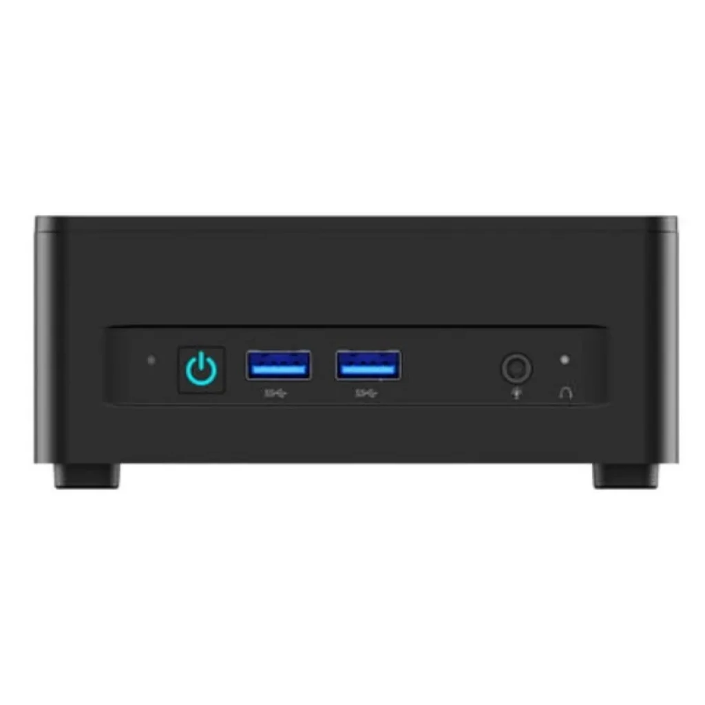 Minisforum UM760 Slim AMD Ryzen 5 7640HS Barebone Mini PC negro, frontal con botón de encendido iluminado, 2 puertos USB azules, jack de audio y patas