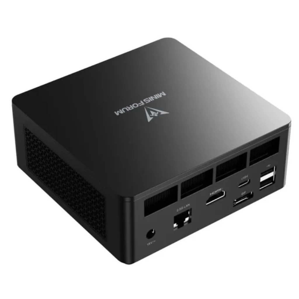 Minisforum UM760 Slim mini PC negro, chasis compacto con ventilación lateral, puertos traseros HDMI, USB, USB-C, RJ45 y audio, diseño discreto y moderno