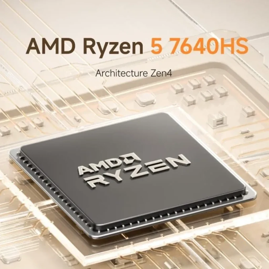 Chip AMD Ryzen 5 7640HS Zen 4 sobre placa dorada con trazas detalladas, aspecto premium y enfoque en rendimiento para Mini PC Minisforum UM760 Slim Barebone