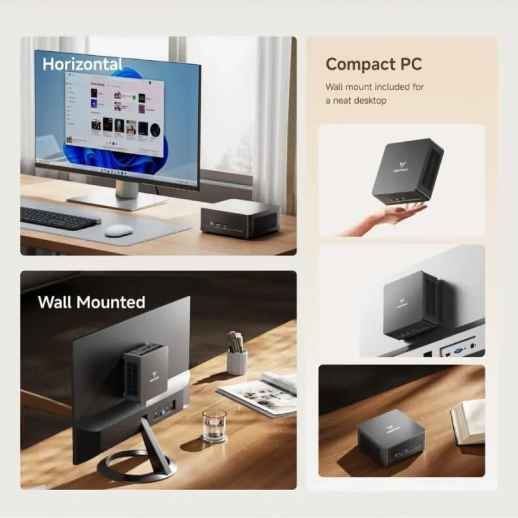 Minisforum UM760 Slim AMD Ryzen 5 7640HS Barebone Mini PC compacto, montaje en pared u horizontal, puertos frontales y traseros, diseño negro minimalista