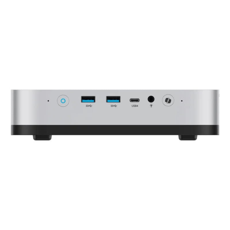 Minisforum AI X1 Pro compacto en gris y negro con puertos frontales: 2 USB‑A 3.2, USB4 tipo C, jack de audio y botón de encendido iluminado