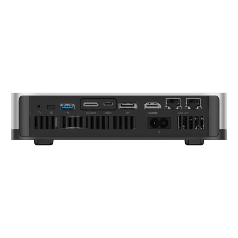Minisforum AI X1 Pro mini PC, panel trasero con puertos: USB-A, USB-C, DP, HDMI, DC-in, doble 2.5G LAN, rejillas de ventilación y acabado bicolor
