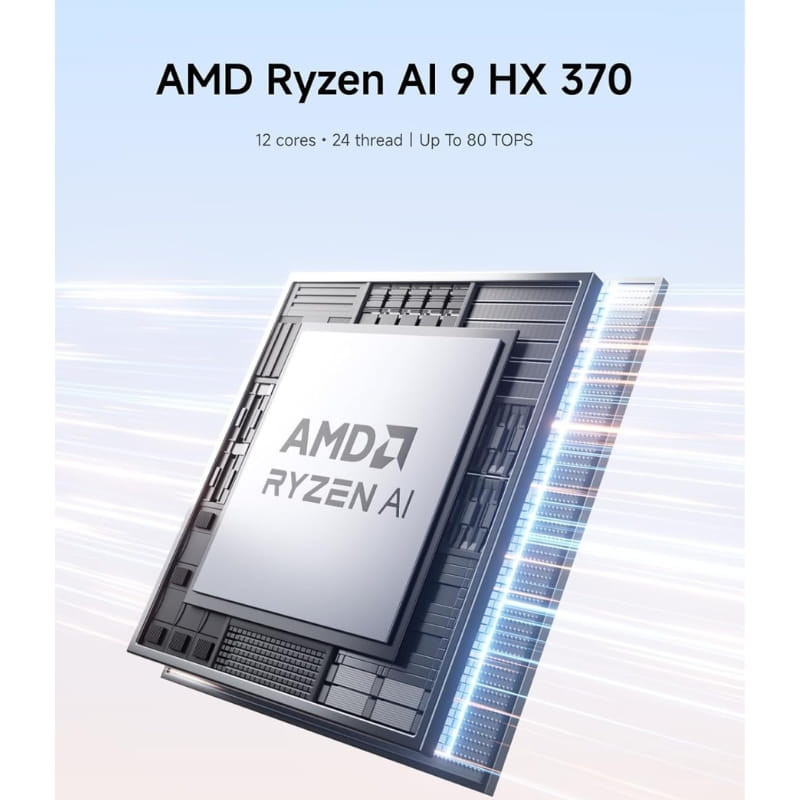 Primer plano del chip AMD Ryzen AI 9 HX370 con diseño plateado y bordes iluminados azul, texto 12 cores 24 threads Up to 80 TOPS en fondo claro