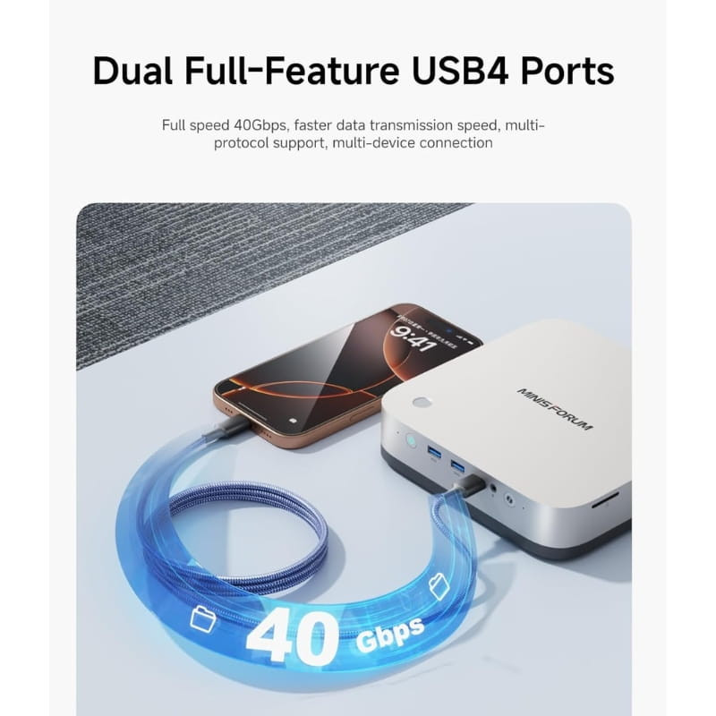 Minisforum AI X1 Pro, mini PC compacto color claro con dos puertos USB4 frontales, cable conectado a smartphone, destaca velocidad 40 Gbps en transferencia
