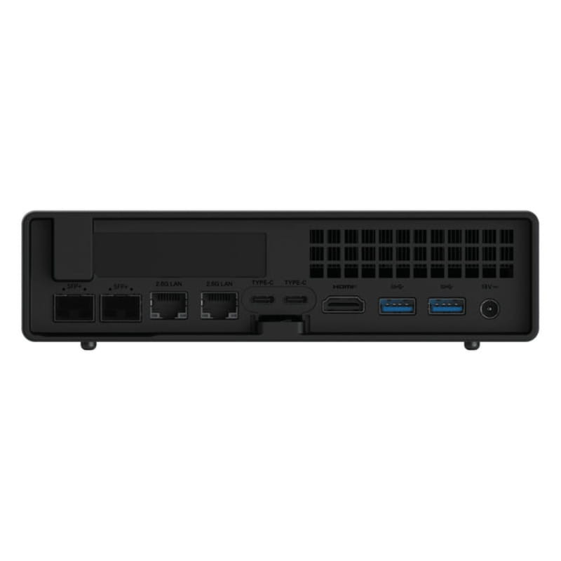 Minisforum MS-A2 Ryzen 9 9955HX mini PC, panel trasero con 2 LAN, 2 USB-A, 2 USB-C, HDMI, audio, ventilación lateral y puerto de energía
