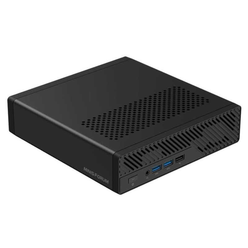 Minisforum MS-A2 AMD Ryzen 9 9955HX, mini PC negro compacto con chasis metálico, rejillas de ventilación frontales, puertos USB, jack de audio y botón de