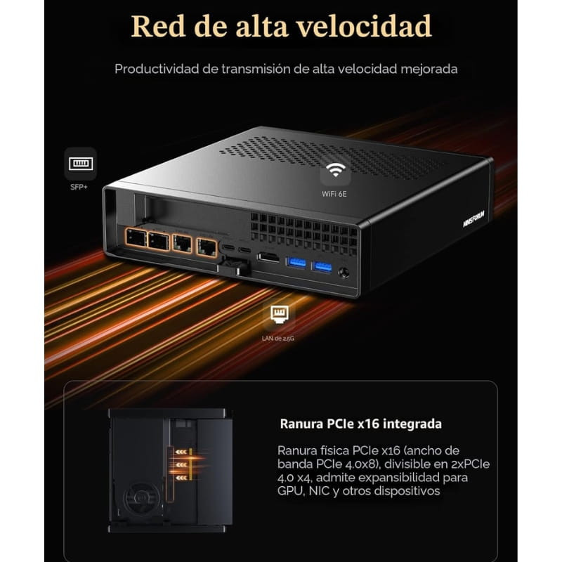 Minisforum MS-A2 mini PC negro con WiFi 6E, puertos LAN 2.5G, SFP+, USB frontales y ranura PCIe x16 para expansión de GPU y NIC, ventilación superior
