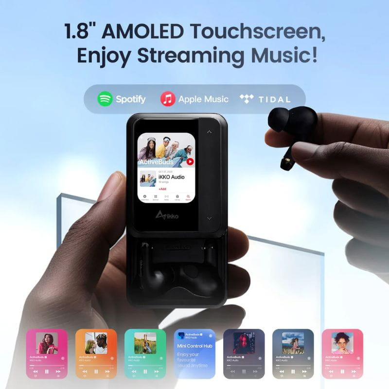 Tela AMOLED 1,8" com touch, estojo com display e earbud preto. Suporte Spotify, Apple Music e Tidal; controle e streaming direto no estojo.