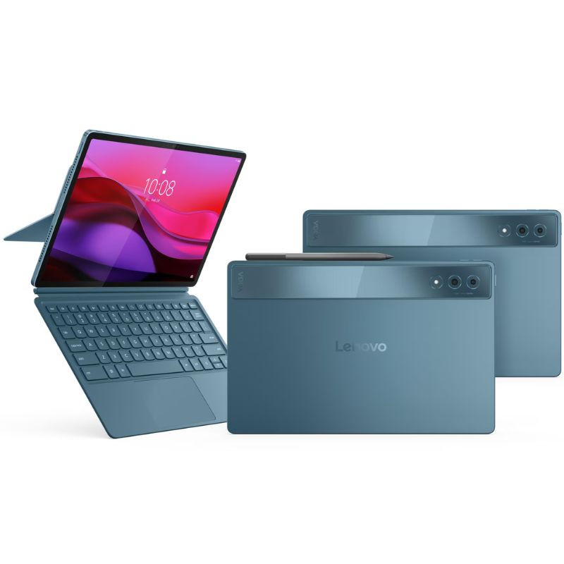 Tablet Lenovo Yoga Tab Plus 12.7" verde azulado con teclado, funda y pen; doble cámara trasera, bisel fino, soporte integrado y diseño premium.