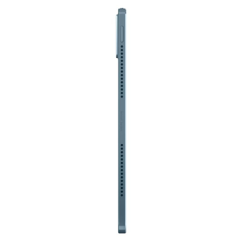 Vista lateral del Lenovo Yoga Tab Plus verde azulado: perfil ultradelgado, múltiples orificios de altavoz, botón lateral y módulo de cámara sobresaliente.