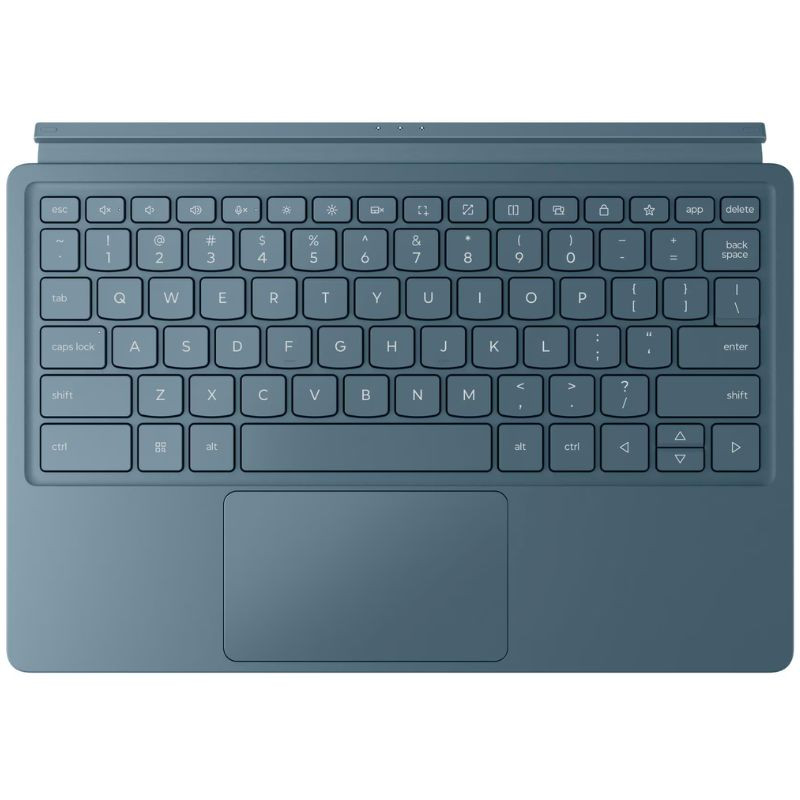 Teclado desmontable verde azulado con touchpad y distribución compacta; teclas de función y flechas completas, compatible con Lenovo Yoga Tab Plus.