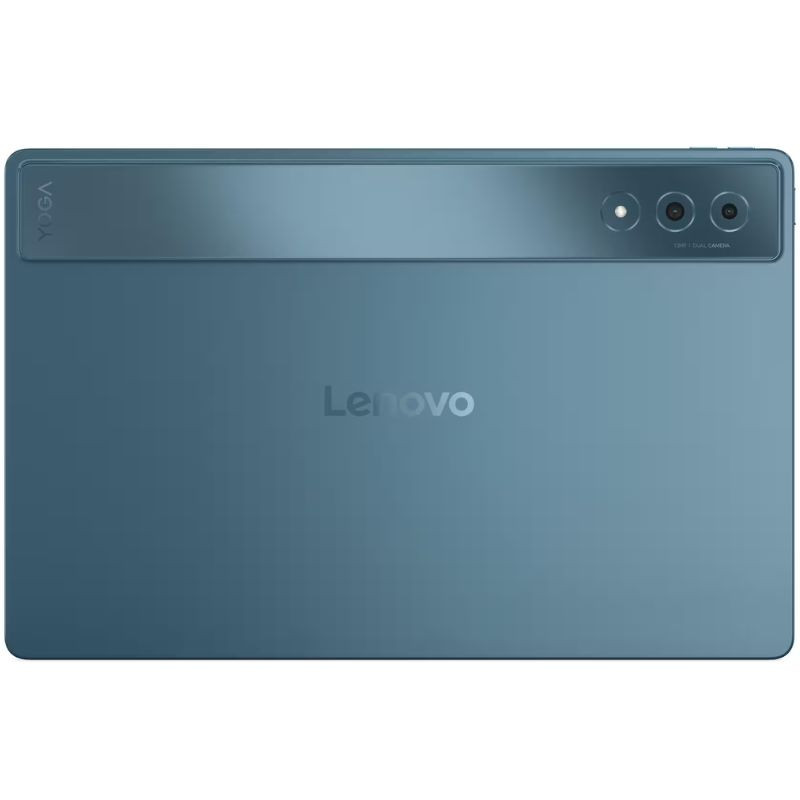 Tableta Lenovo Yoga Tab Plus verde azulado vista trasera, acabado mate, franja brillante con doble cámara y logo Lenovo centrado. Incluye Pen, funda y teclado.