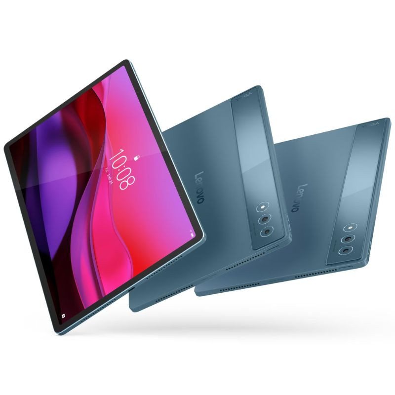 Tablet Lenovo Yoga Tab Plus 12.7" verde azulado, cuerpo metálico, doble cámara trasera, altavoces laterales; incluye Pen, funda y teclado; 16GB/256GB Wi‑Fi