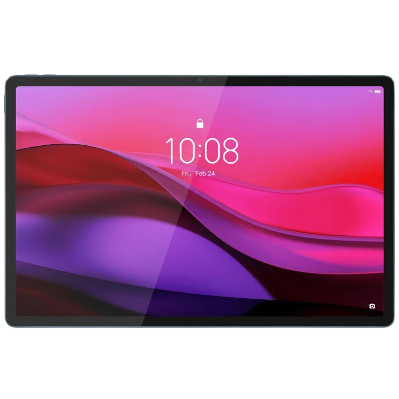 Tablet Lenovo Yoga Tab Plus 12.7" en verde azulado, pantalla amplia con marcos delgados, cámara frontal centrada y reloj 10:08 en pantalla bloqueada.