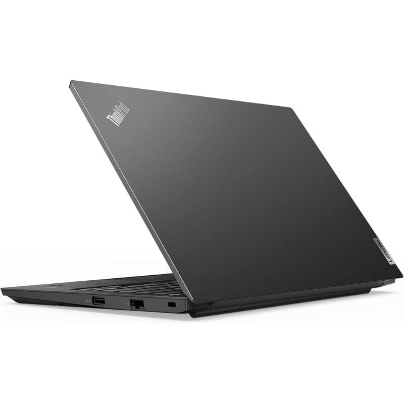 Ultrabook Lenovo ThinkPad E14 Gen 2 noir mat, châssis fin, capot ouvert montrant ports USB et HDMI, logo ThinkPad rouge, design sobre et professionnel