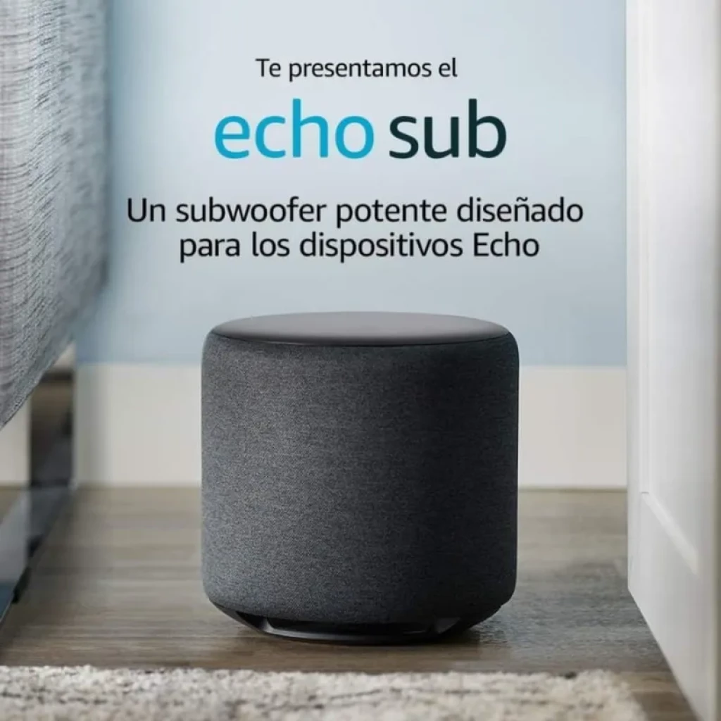Amazon Echo Sub 100W Subwoofer cylindrique compact en tissu gris, dessus plat noir, base surélevée avec évents, design minimaliste pour basses puissantes