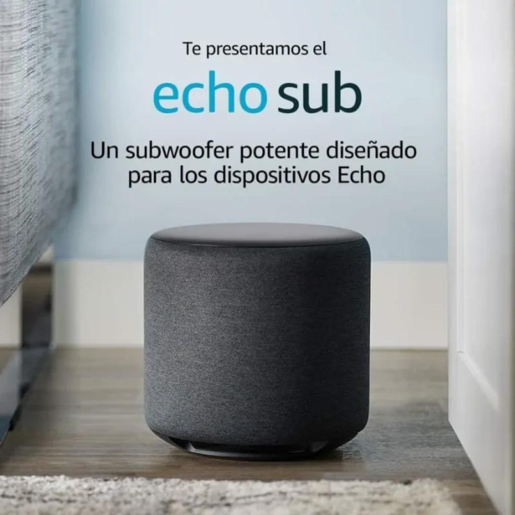 Amazon Echo Sub 100W Subwoofer cylindrique compact en tissu gris, dessus plat noir, base surélevée avec évents, design minimaliste pour basses puissantes