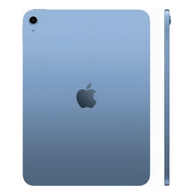 iPad 2025 de 11" azul: carcasa de aluminio mate, bordes planos, cámara trasera única con flash, botón superior y puerto lateral; diseño delgado y elegante.