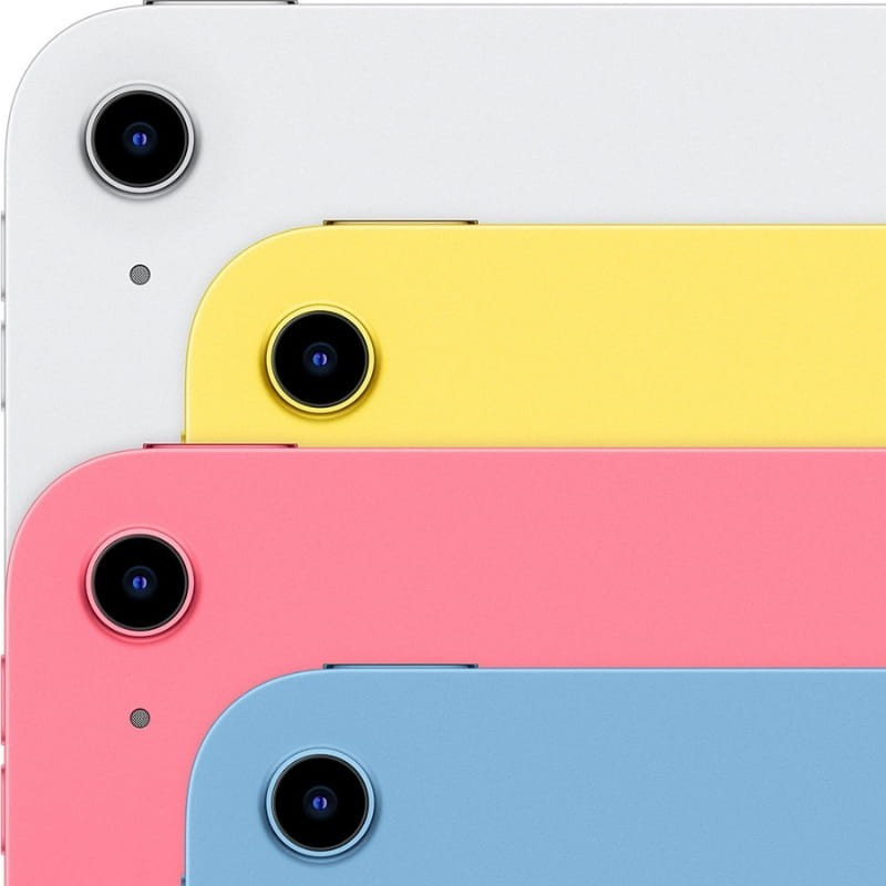 Cámaras traseras de iPad en colores azul, rosa, amarillo y plata; lentes únicos con micrófono lateral y bordes curvos, acabado mate y diseño minimalista.