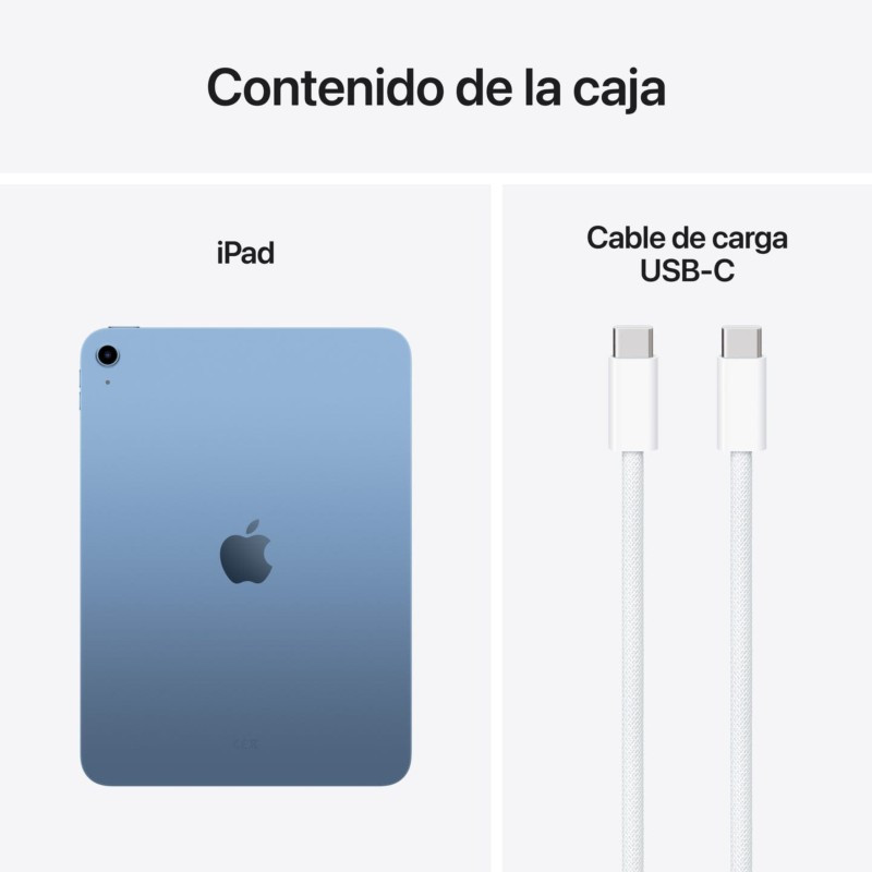 Apple iPad 2025 azul y cable USB‑C incluidos. Trasera azul con logo Apple, cámara única; cable trenzado USB‑C a USB‑C blanco. Ideal para Wi‑Fi 512GB.