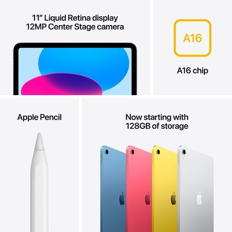 iPad 11" azul con pantalla Liquid Retina, cámara frontal 12MP Center Stage, chip A16, soporte Apple Pencil y opciones de color y almacenamiento amplio.
