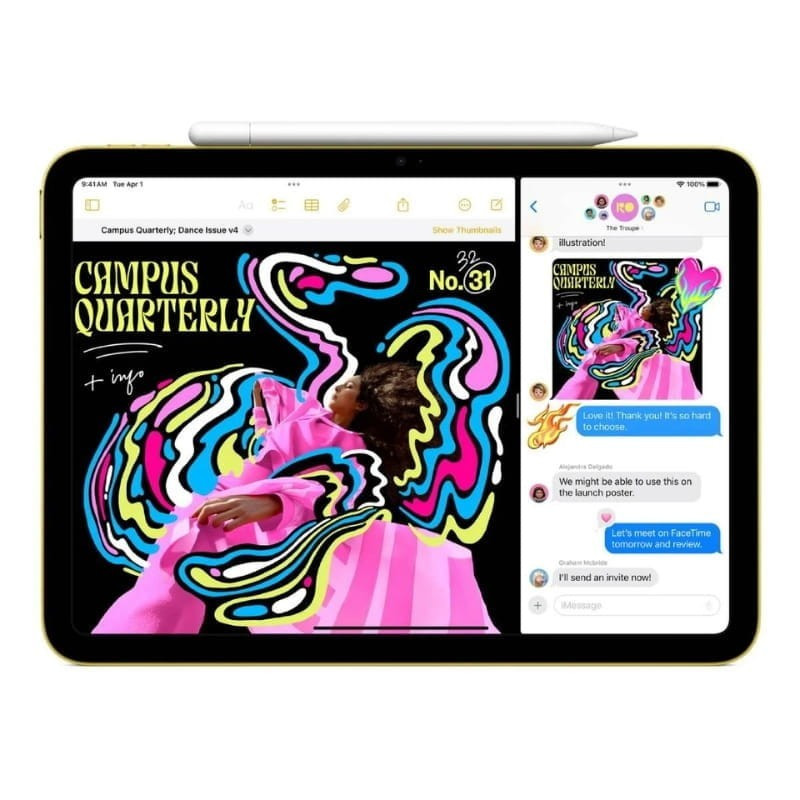 iPad azul de 11" con biseles finos, Apple Pencil sobre el borde, pantalla con arte colorido y apps abiertas; diseño delgado y moderno, 512GB Wi‑Fi.