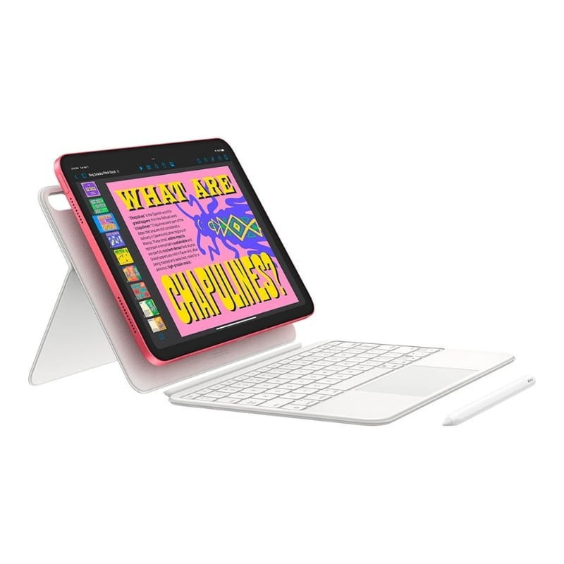 iPad azul de 11" con funda-teclado blanca y Apple Pencil; pantalla vibrante, diseño delgado y bordes rectos. Versión internacional Wi‑Fi 512GB.