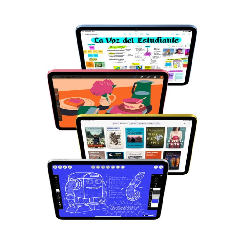 iPad 2025 azul de 11": pantalla con marcos delgados, cuatro vistas de apps creativas y lectura, borde de aluminio, diseño ligero. 512GB, WiFi, iPadOS 18.