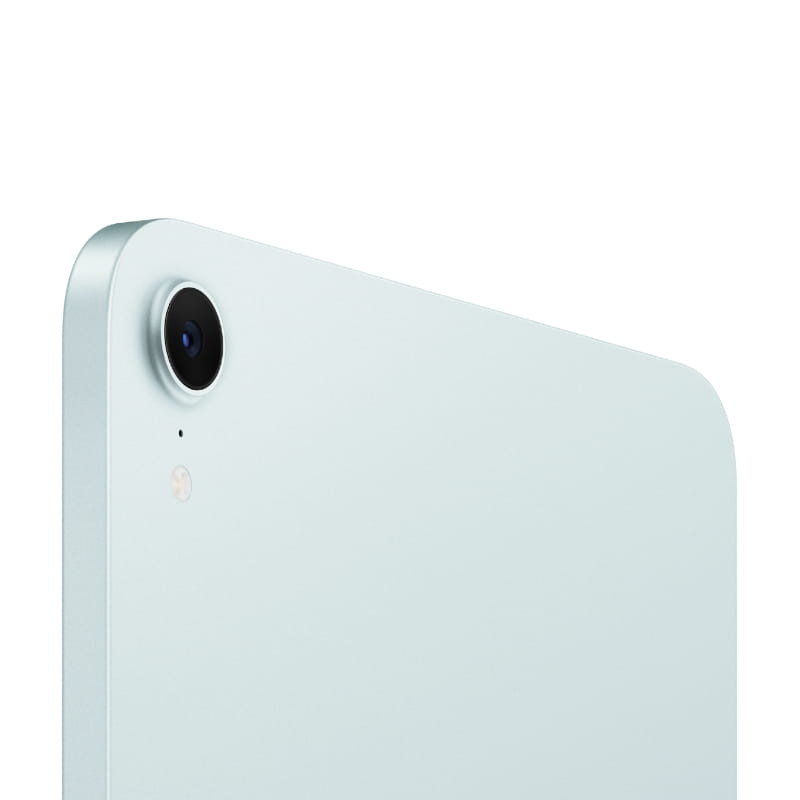 Dos arrière dApple iPad Mini 2024 bleu avec coque aluminium, coin supérieur, appareil photo unique et flash discrets, lignes épurées et finition mate