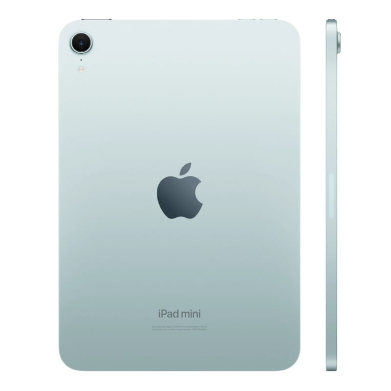 Apple iPad Mini 2024 8,3 128Go WiFi Bleu avec coque aluminium bleu pâle, logo Apple centré, caméra arrière unique et profil fin avec bouton latéral