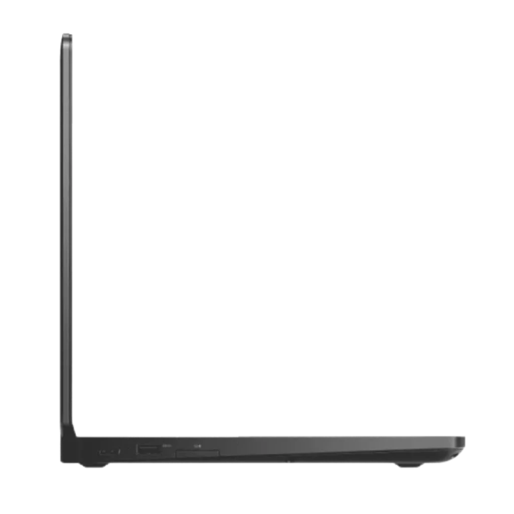 Portátil Dell Latitude 5490 de 14 pulgadas visto de perfil ultrafino, acabado negro, múltiples puertos laterales, bisagra robusta y diseño profesional