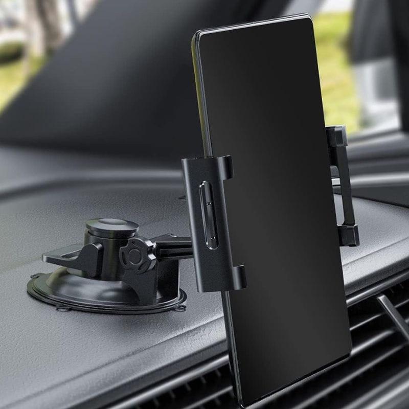 Support universel pour voiture, bras articulé avec rotule, ventouse robuste et pince réglable pour tablettes 5,5–11", installation sur tableau de bord.