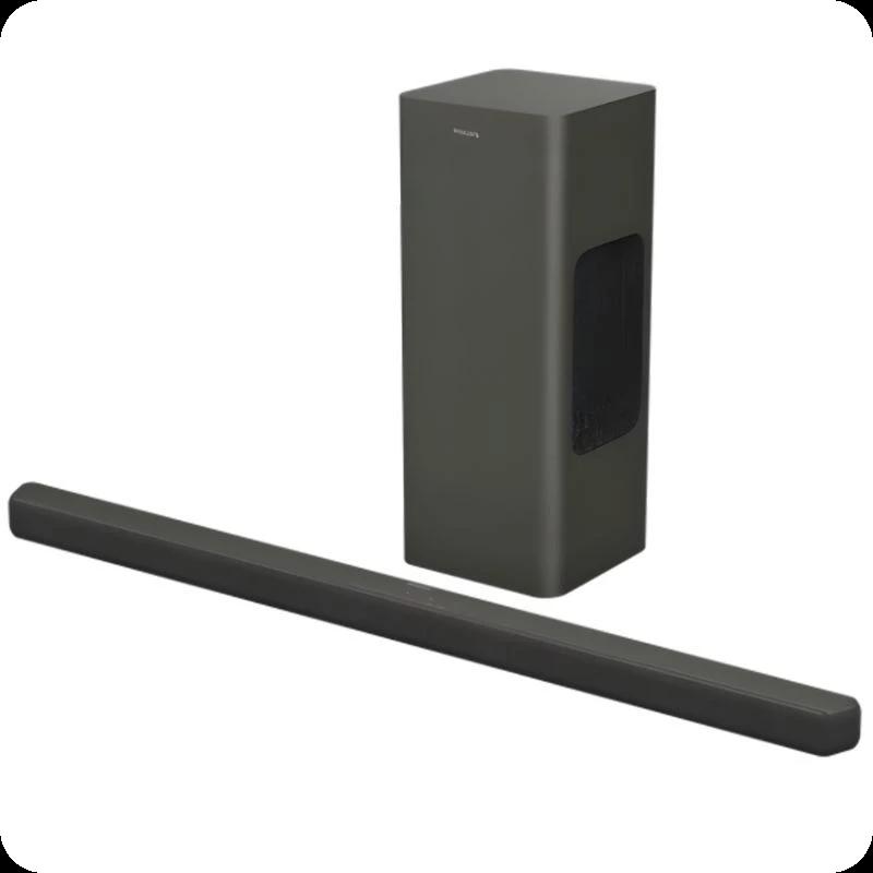 Philips TAB8200/10 barra de sonido 2.1 en negro con subwoofer inalámbrico vertical, diseño minimalista, rejilla frontal y acabado mate elegante