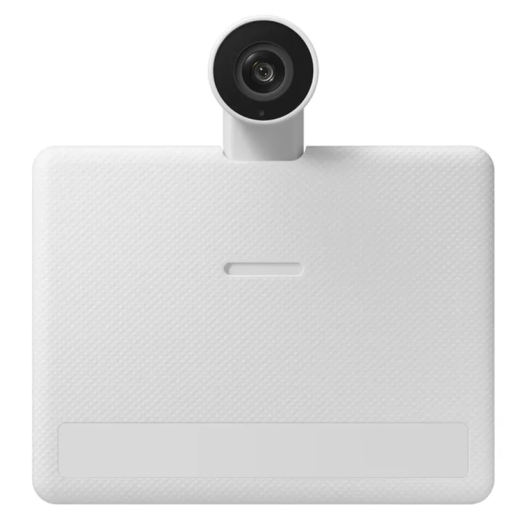 Cámara blanca para monitor Samsung M8 M80F, montaje superior centrado, lente circular negra, tapa trasera texturizada y diseño minimalista