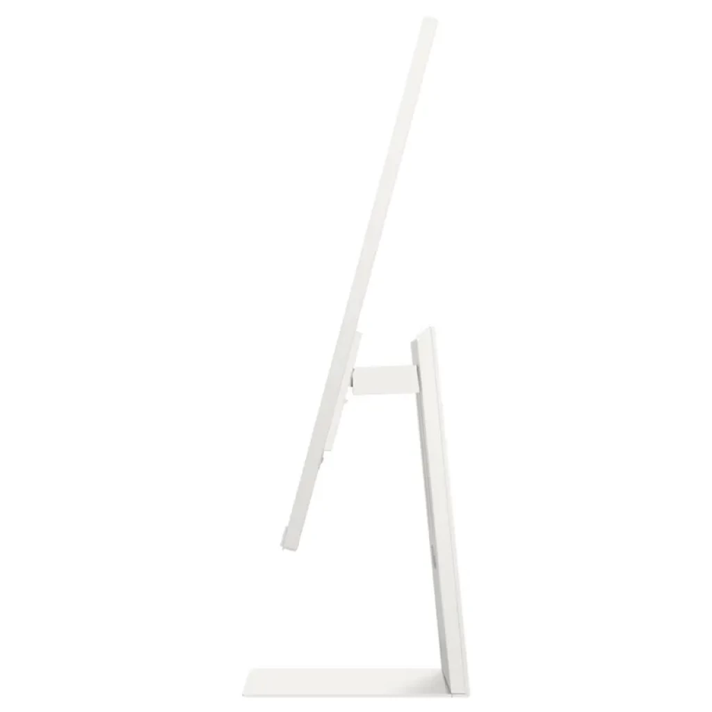 Monitor Samsung M8 M80F 32 pulgadas 4K, color blanco, perfil ultrafino visto de lado con bisel mínimo y soporte ajustable elegante y minimalista