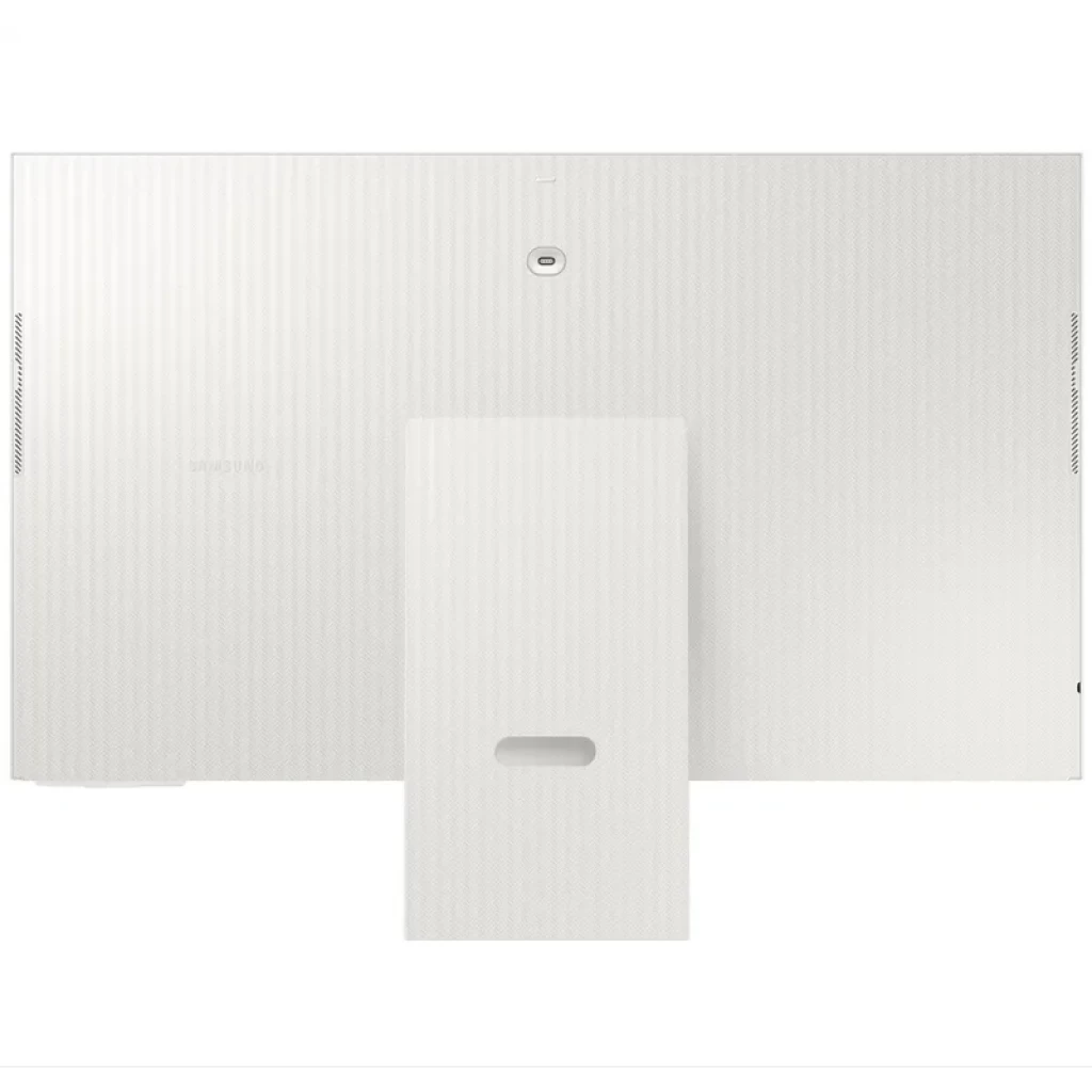 Parte trasera del monitor Samsung M8 M80F 32 pulgadas en color blanco, acabado texturizado, soporte central ancho con pasacables y ranuras de ventilación