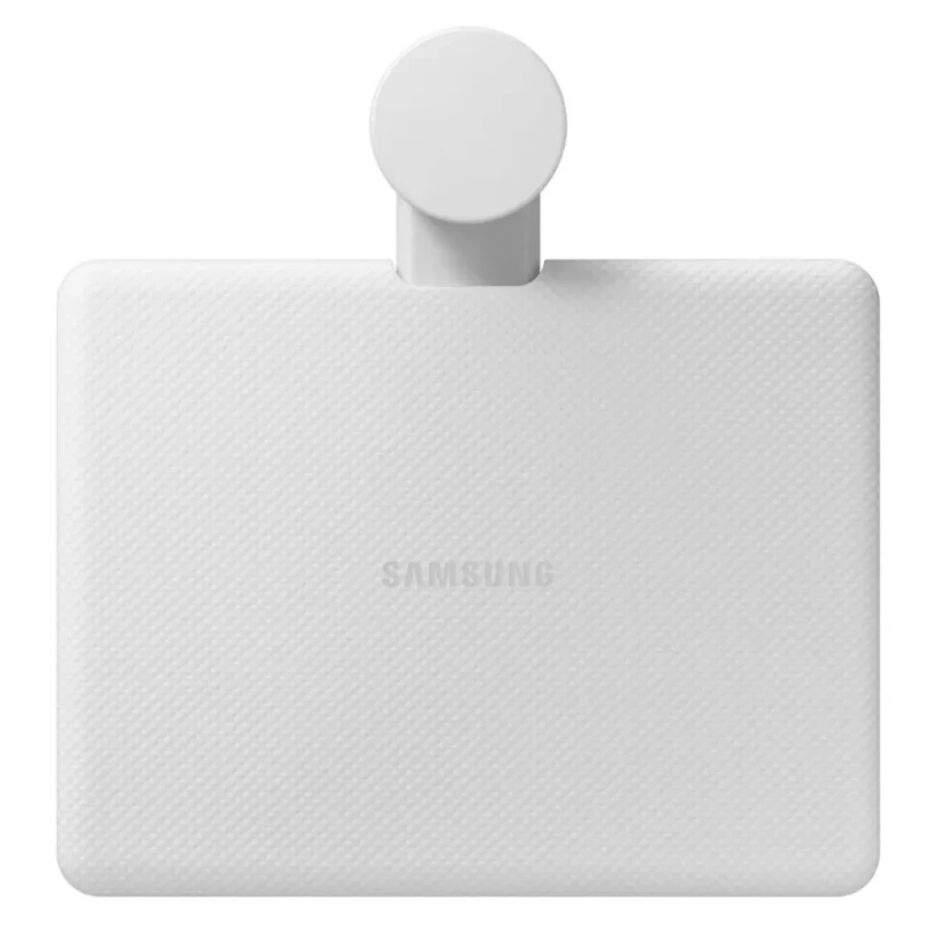 Cámara modular blanca para monitor Samsung M8 M80F, diseño compacto con acabado texturizado y logotipo Samsung centrado, montaje superior circular
