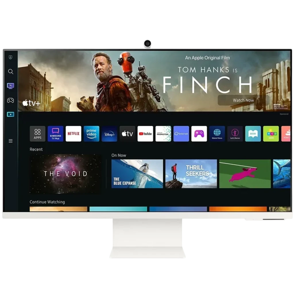 Samsung M8 M80F 32 pulgadas 4K UHD 60 Hz en color blanco, pantalla delgada con biseles mínimos, peana rectangular y webcam centrada en el borde superior