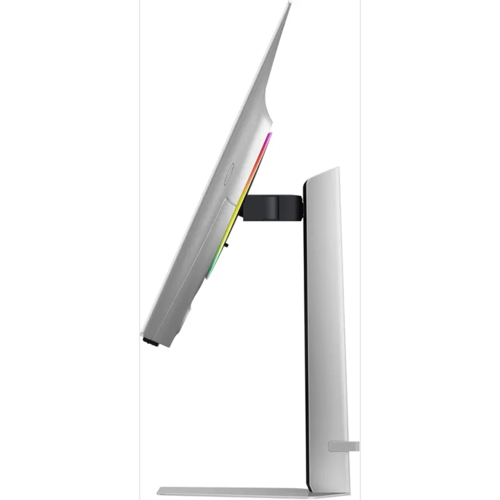 Parte trasera del Samsung Monitor gaming 32″ G81SF Odyssey OLED G8 4K 240Hz con diseño blanco, soporte central negro y barra LED RGB horizontal integrada