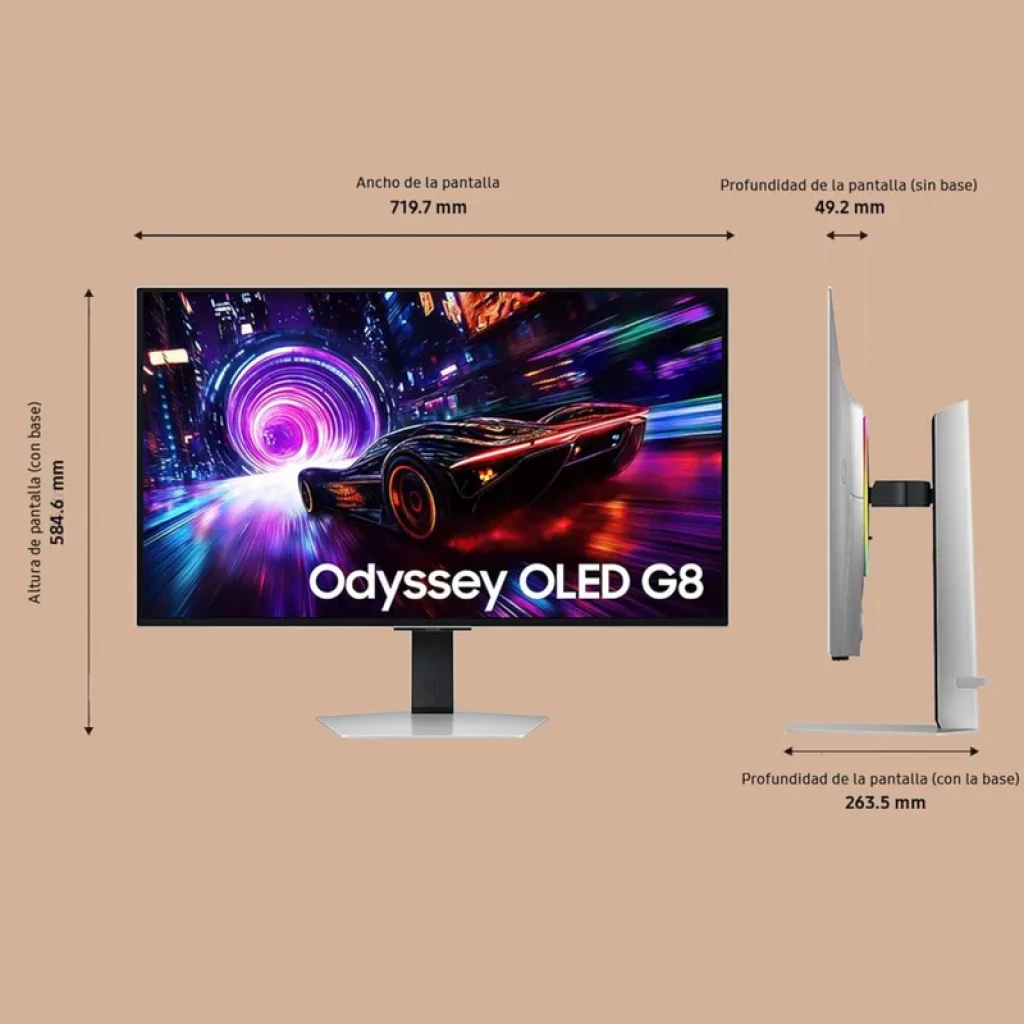 Samsung Monitor gaming 32″ G81SF Odyssey OLED G8 4K 240Hz, pantalla ultra delgada sin bordes, colores vivos, soporte ajustable, diseño blanco y negro