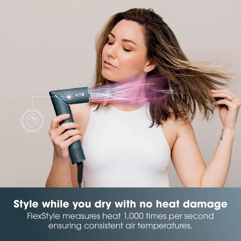 Secador y moldeador FlexStyle 5 en 1 en color ottanio con cuerpo compacto en L, chorro de aire dirigido y control térmico para peinar sin dañar el cabello